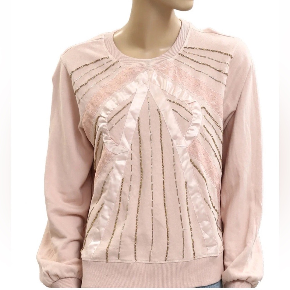 NEW Anthropologie Beaded & Bling Bow Sweatshirt Top L